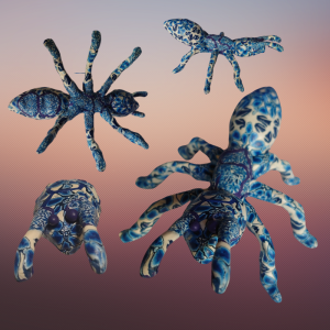 4 verschillende kanten van Truus de Mier. Een mier van ongeveer 10 centimeter breed (breedste poten) en 13 centimeter lang van antennes tot kont. Ze is geheel opgebouwd uit Delfts blauwe stukjes polymeerklei.