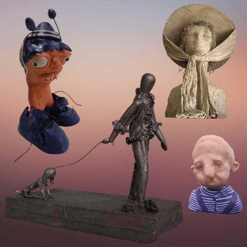 Linksboven en rechtsonder staan beelden van polymeerklei, deze staan ook op de betreffende pagina. Het zijn de wortel en de sculptuur van mijn zus. In de rechterbovenhoek staat het beeld van cement, het is een vrouwenhoofd met zonnehoed en sjaal. In het midden staat een bronzen beeld van een vrouw die haar hond uitlaat.