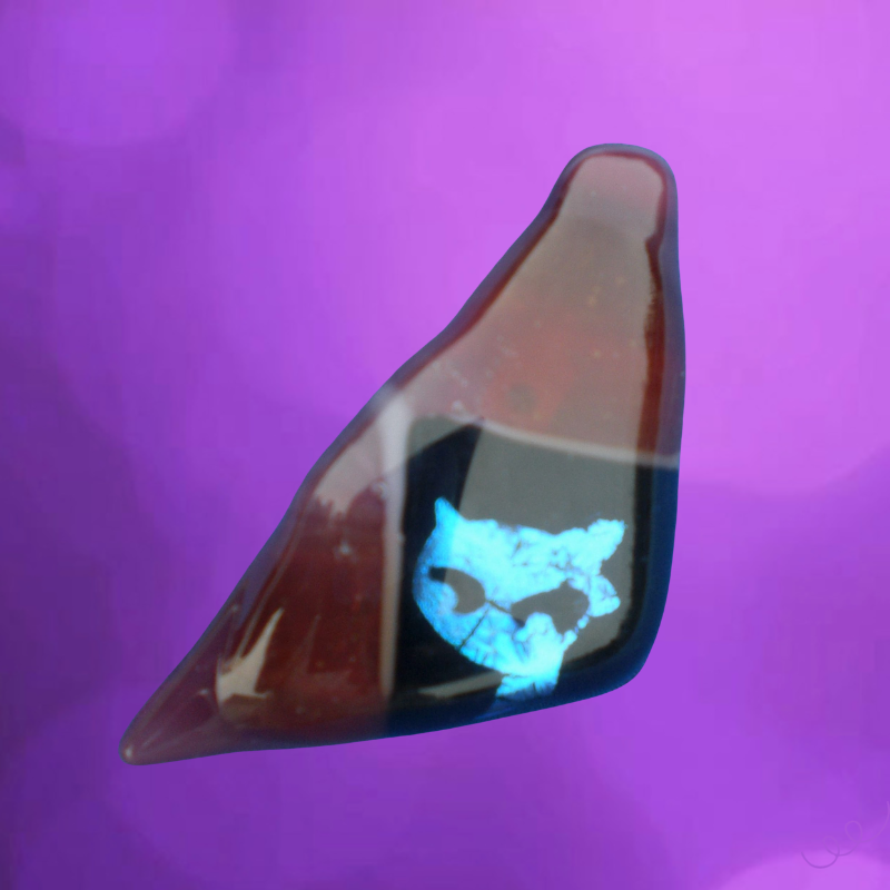 Een driehoekige glazen broche met een kattenhoofd.